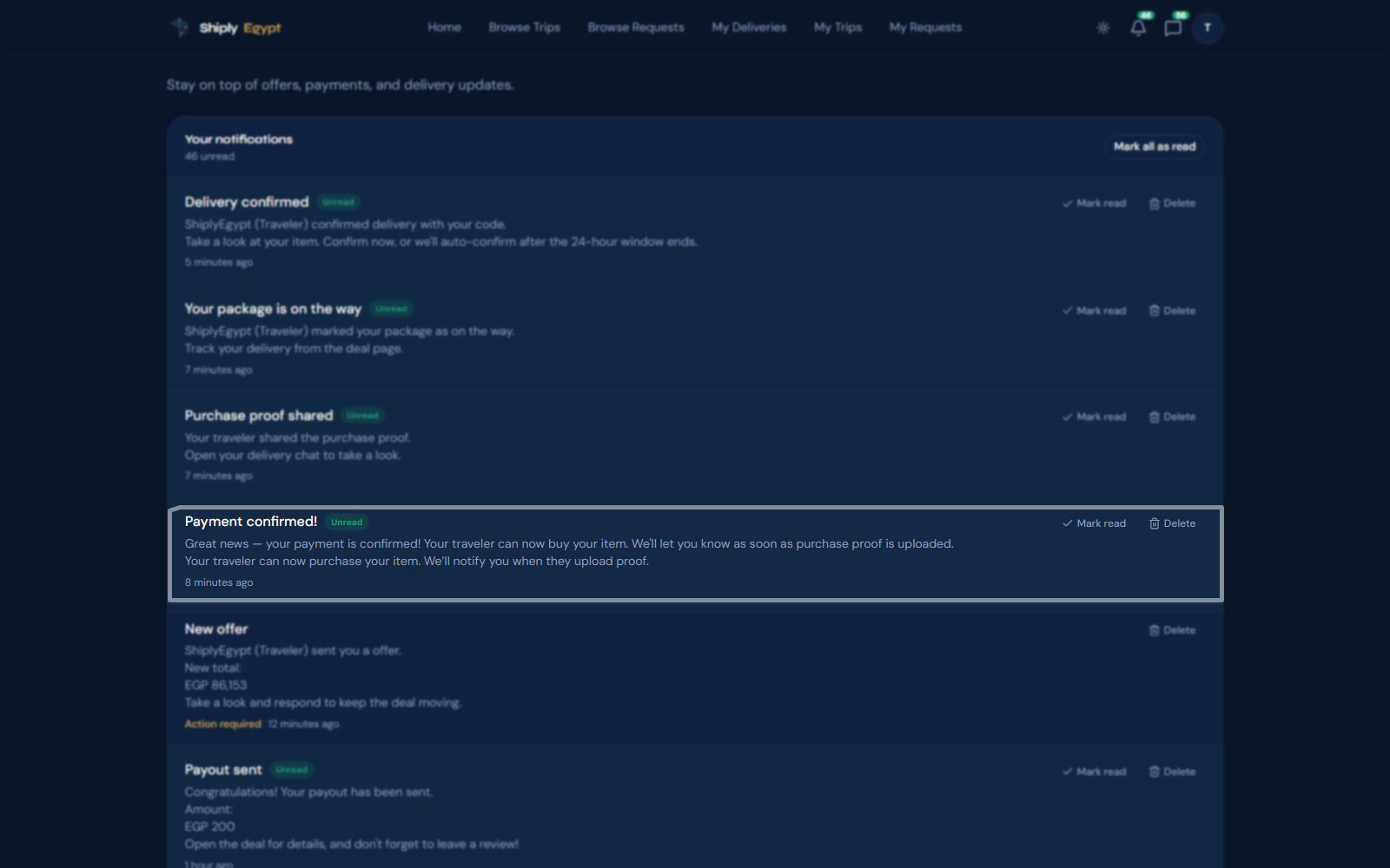 Wait for Shiply to verify the customer payment