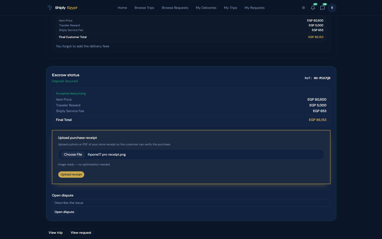 Upload product purchase proof for a Shiply delivery