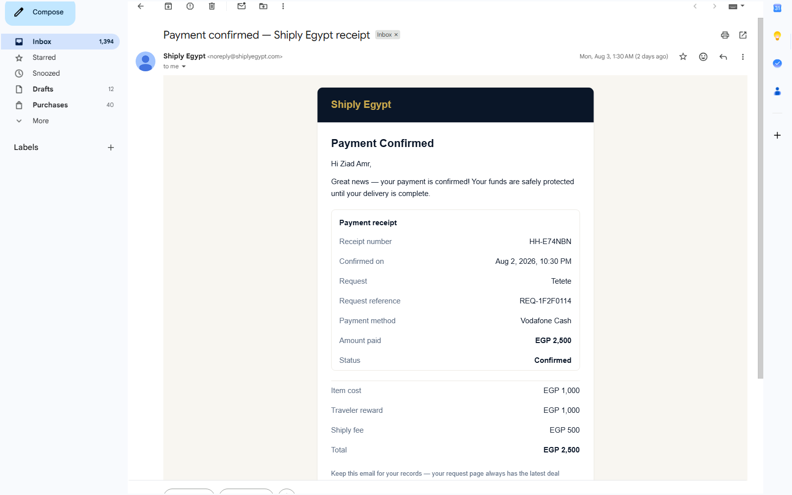 View a completed traveler payout on Shiply